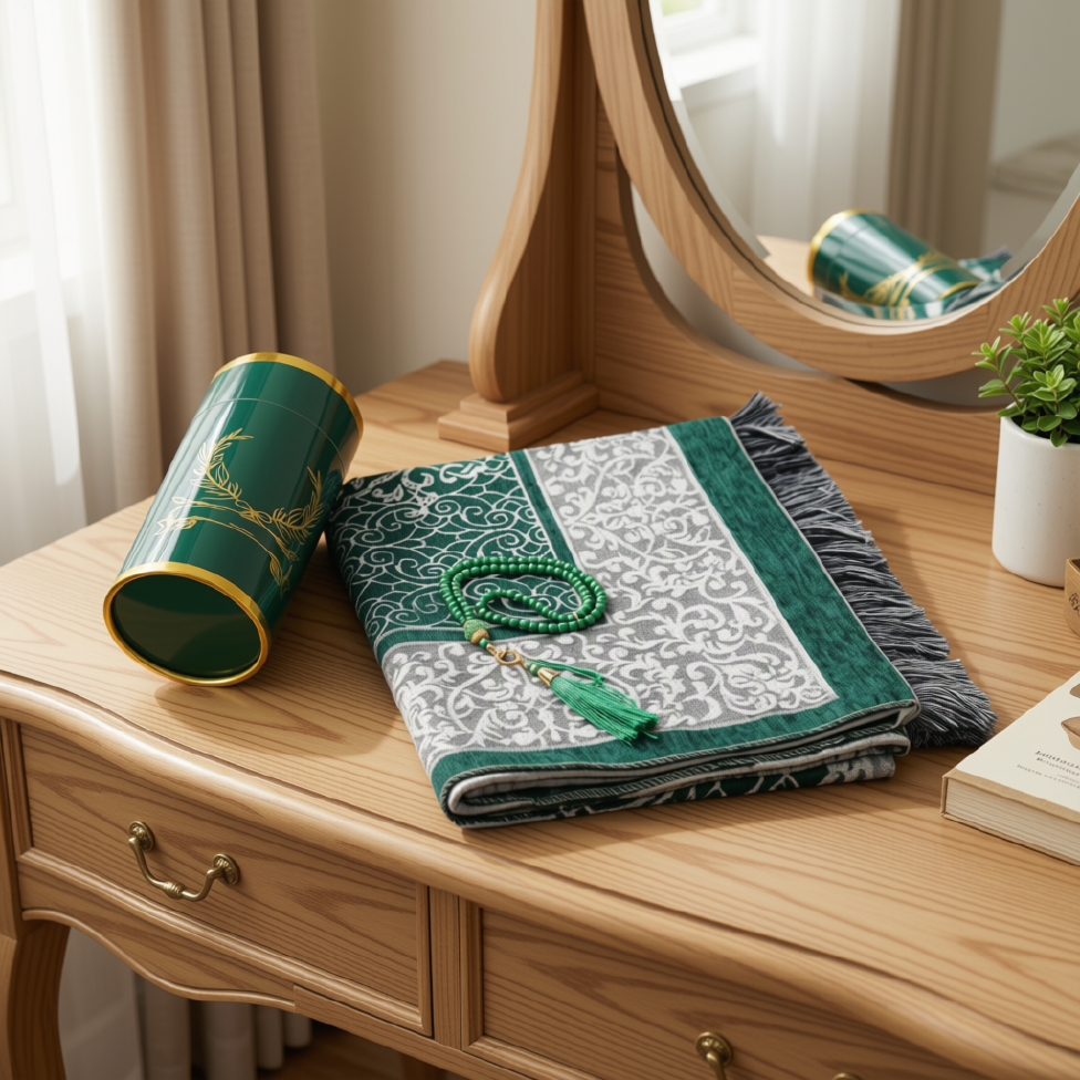 Coffret Cadeau avec Boîte Cylindrique pour Ramadan, Aïd,Incluant Tapis de Prière Doux et Chapelet-1