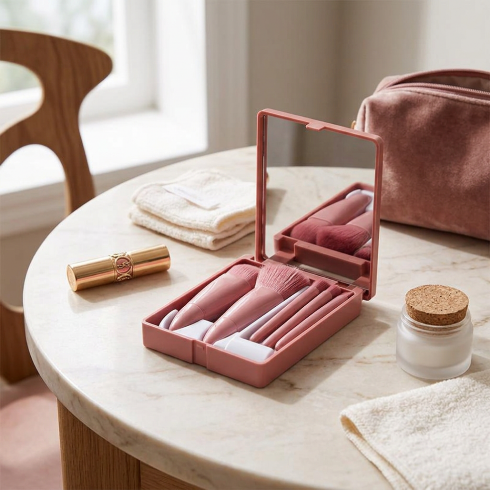 Ensemble de 5 Pinceaux de Maquillage pour Voyage avec Miroir-5.webp