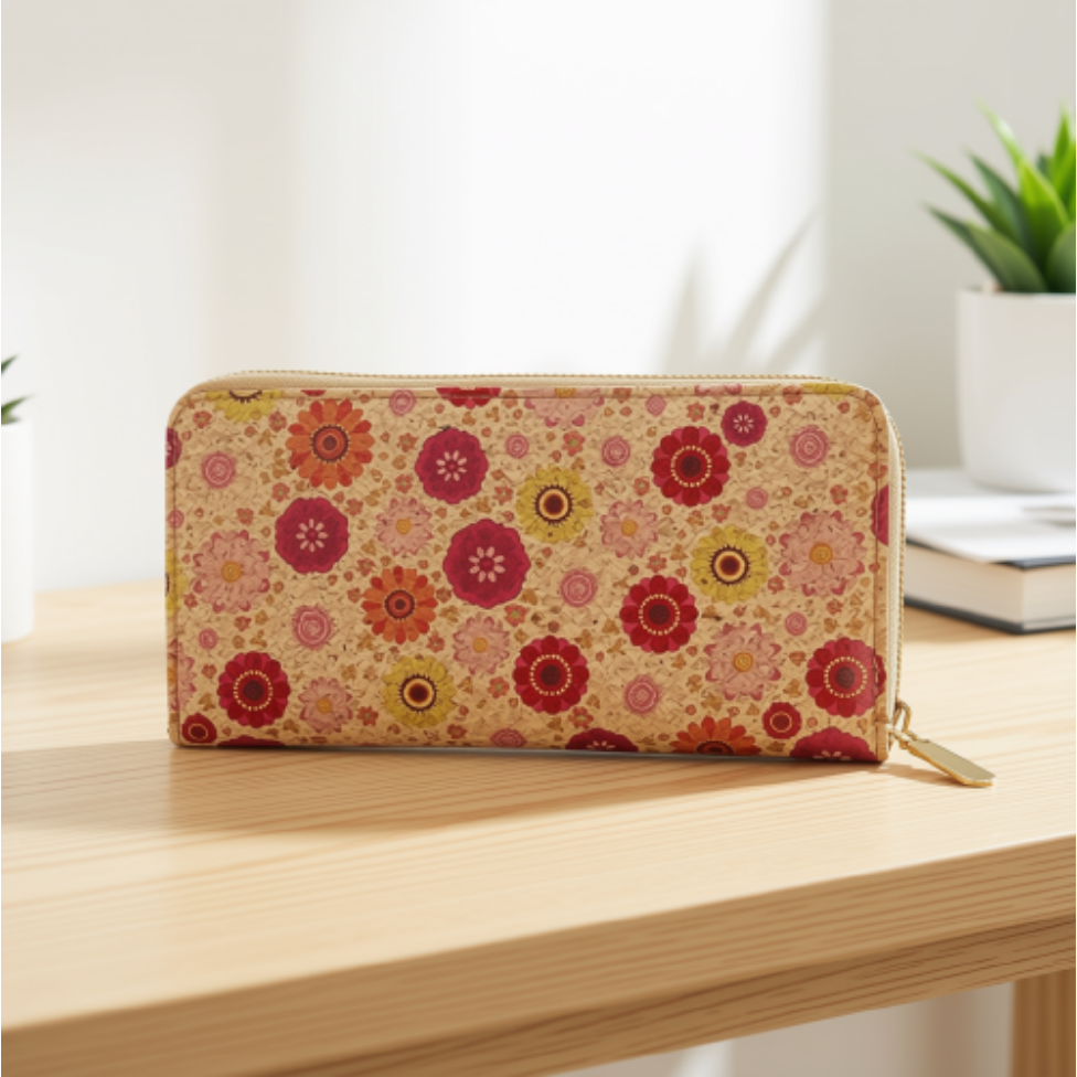 Portefeuille en Liège Écologique avec Fermeture Éclair longue, Sac pour Téléphone Portable avec Cordon,pour Femme