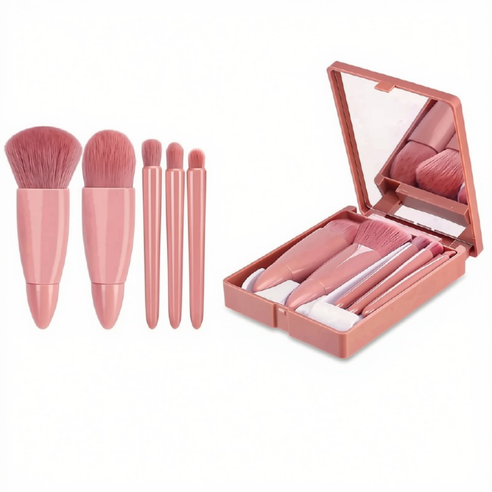 Ensemble de 5 Pinceaux de Maquillage pour Voyage avec Miroir