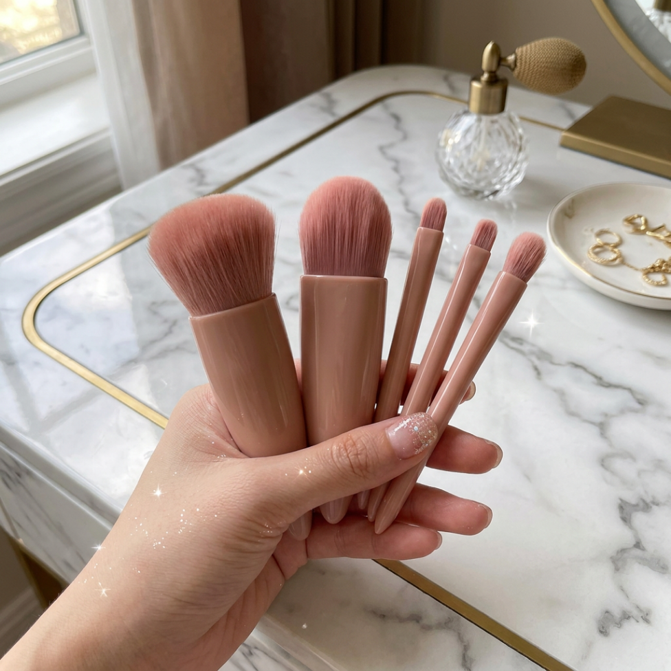 Ensemble de 5 Pinceaux de Maquillage pour Voyage avec Miroir – image 2