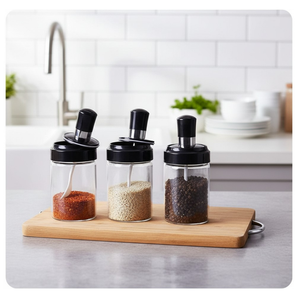 Lot de 3 Pots à Épices en Verre avec Cuillère et Couvercle Intégrés,Fournitures de Cuisine