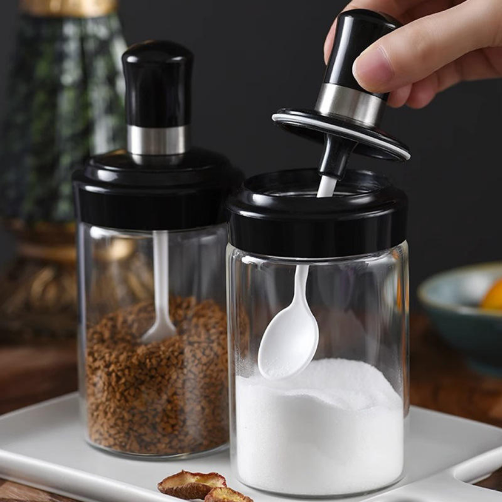 Lot de 3 Pots à Épices en Verre avec Cuillère et Couvercle Intégrés,Fournitures de Cuisine – image 2