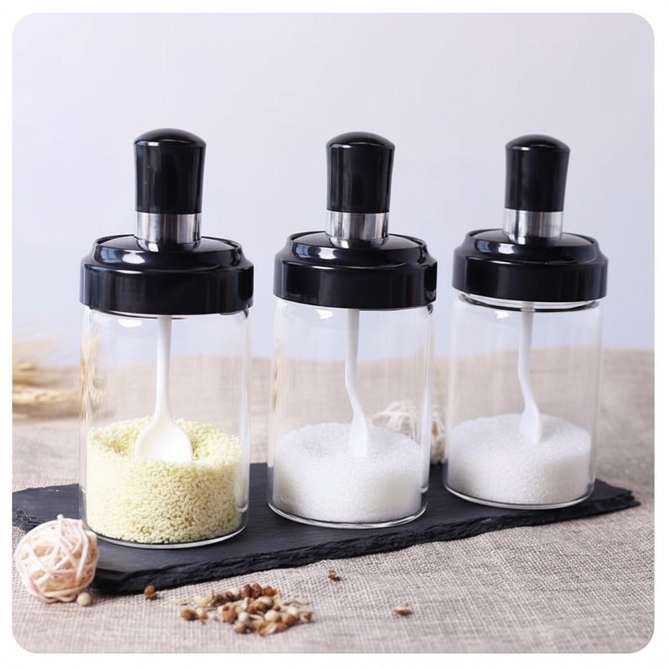 Lot de 3 Pots à Épices en Verre avec Cuillère et Couvercle Intégrés,Fournitures de Cuisine – image 6