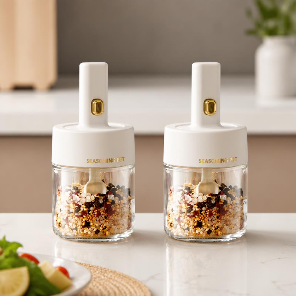 Lot de 2 Pots Épices de 275ml,Rangement cuisine,Bocal en Verre avec Cuillère Plastique Intégrée