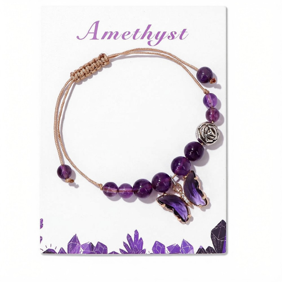Bracelet Tressé en Pierres d'Agate, Perles de 8 mm, Cristal de Guérison, Fait Main, avec Breloque Papillon – image 2