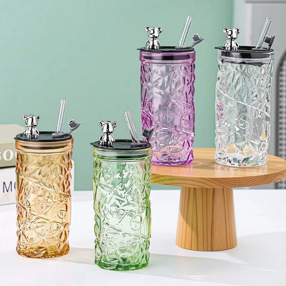 Jolie Tasse avec Paille en Verre, Tasse avec Grande Capacité pour Jus, Boisson