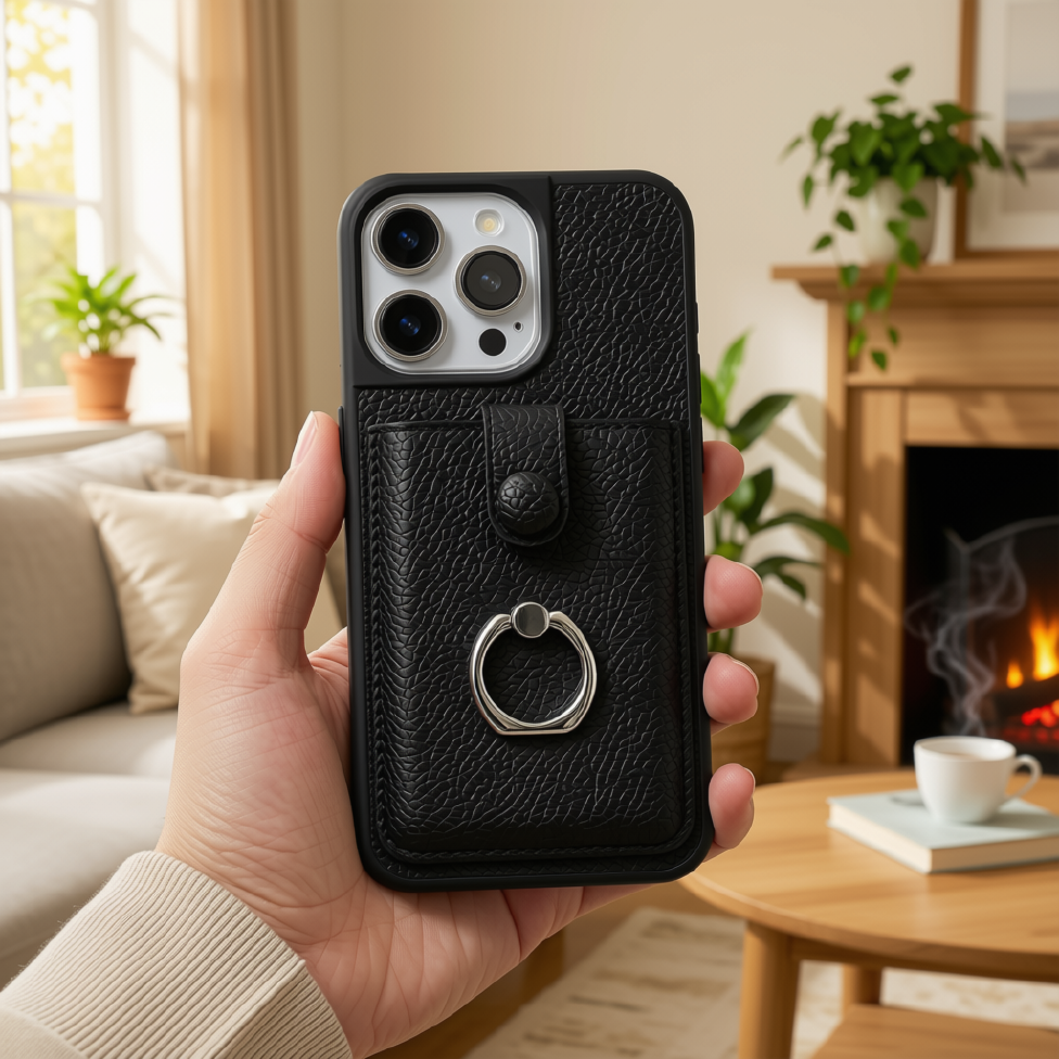 Coque de Téléphone pour Iphone 13 pro max en Cuir avec Fente pour Cartes et Anneau – image 4