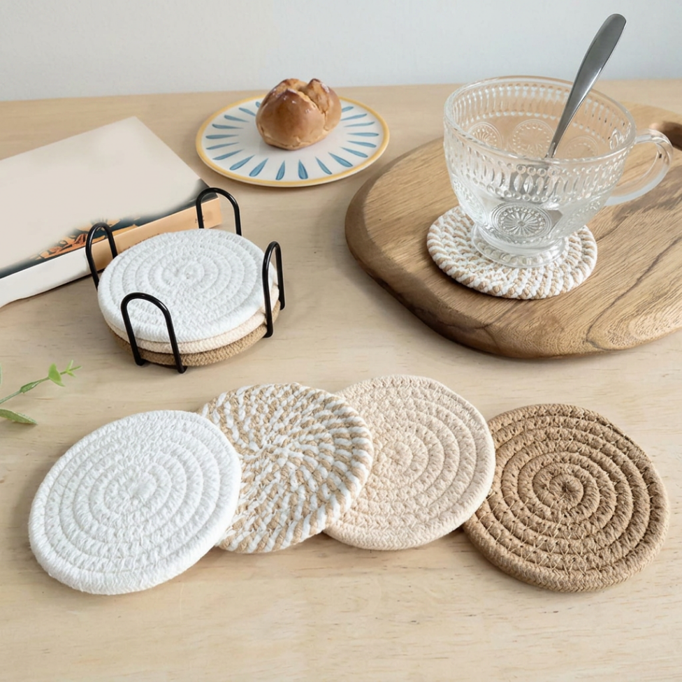 Lot de 4 Sets de Table Rond,Moderne en Cordon de Coton Tressé, Résistants aux Tâches, Isolants,Tissés – image 2