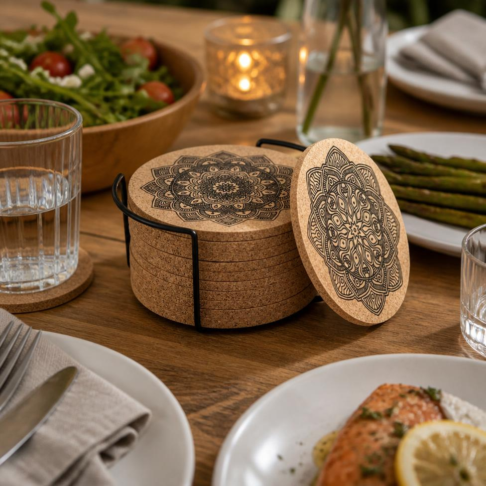 Lot de 4 Tapis en Bois à Motif de Haute Qualité Rond pour Ustensiles de Cuisine