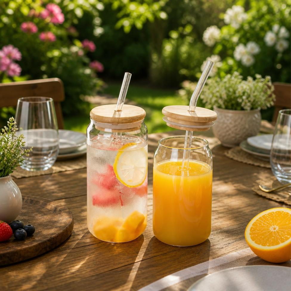 Lot de 2 Tasses en Verre avec Couvercle en Bambou,Paille Verre à Boire Soda,Cocktail,Thé,Jus,Gobelet en Verre