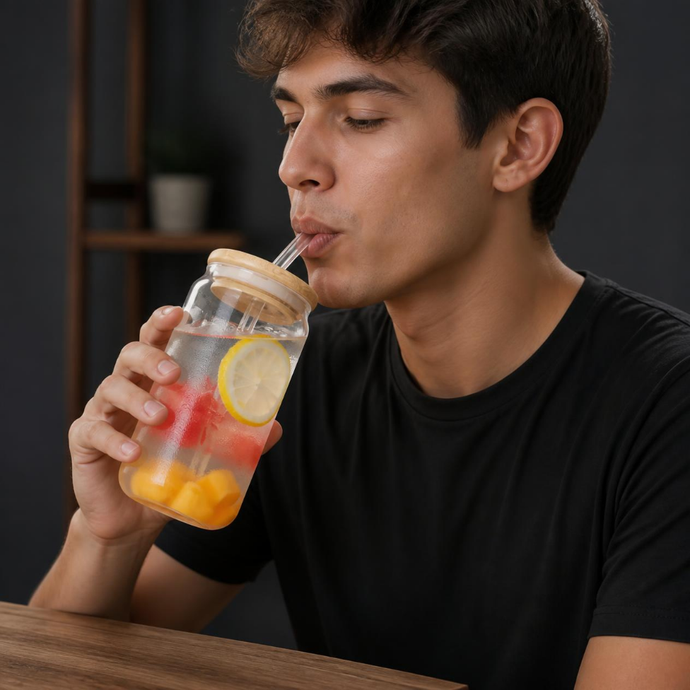 Lot de 2 Tasses en Verre avec Couvercle en Bambou,Paille Verre à Boire Soda,Cocktail,Thé,Jus,Gobelet en Verre – image 2
