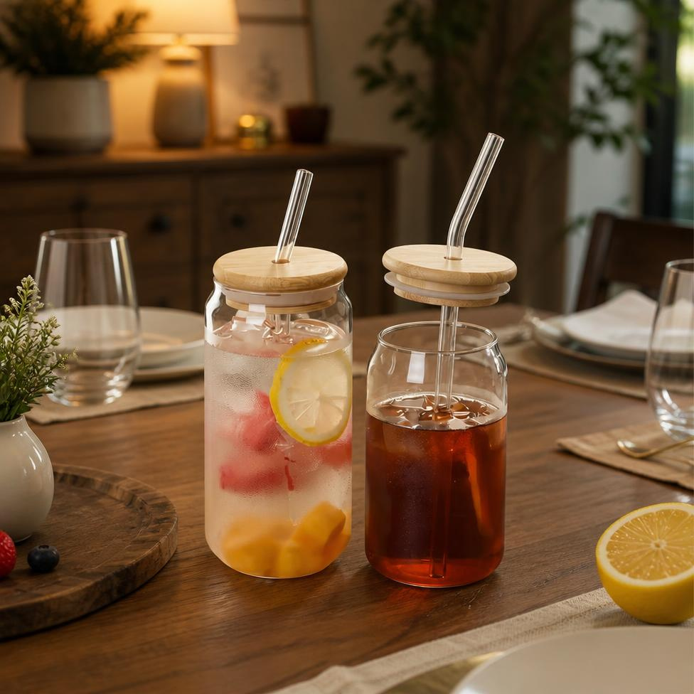 Lot de 2 Tasses en Verre avec Couvercle en Bambou,Paille Verre à Boire Soda,Cocktail,Thé,Jus,Gobelet en Verre – image 3