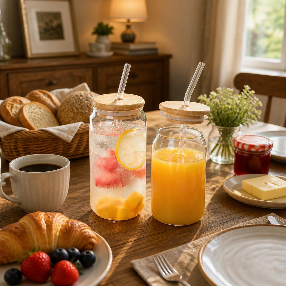Lot de 2 Tasses en Verre avec Couvercle en Bambou,Paille Verre à Boire Soda,Cocktail,Thé,Jus,Gobelet en Verre – image 6
