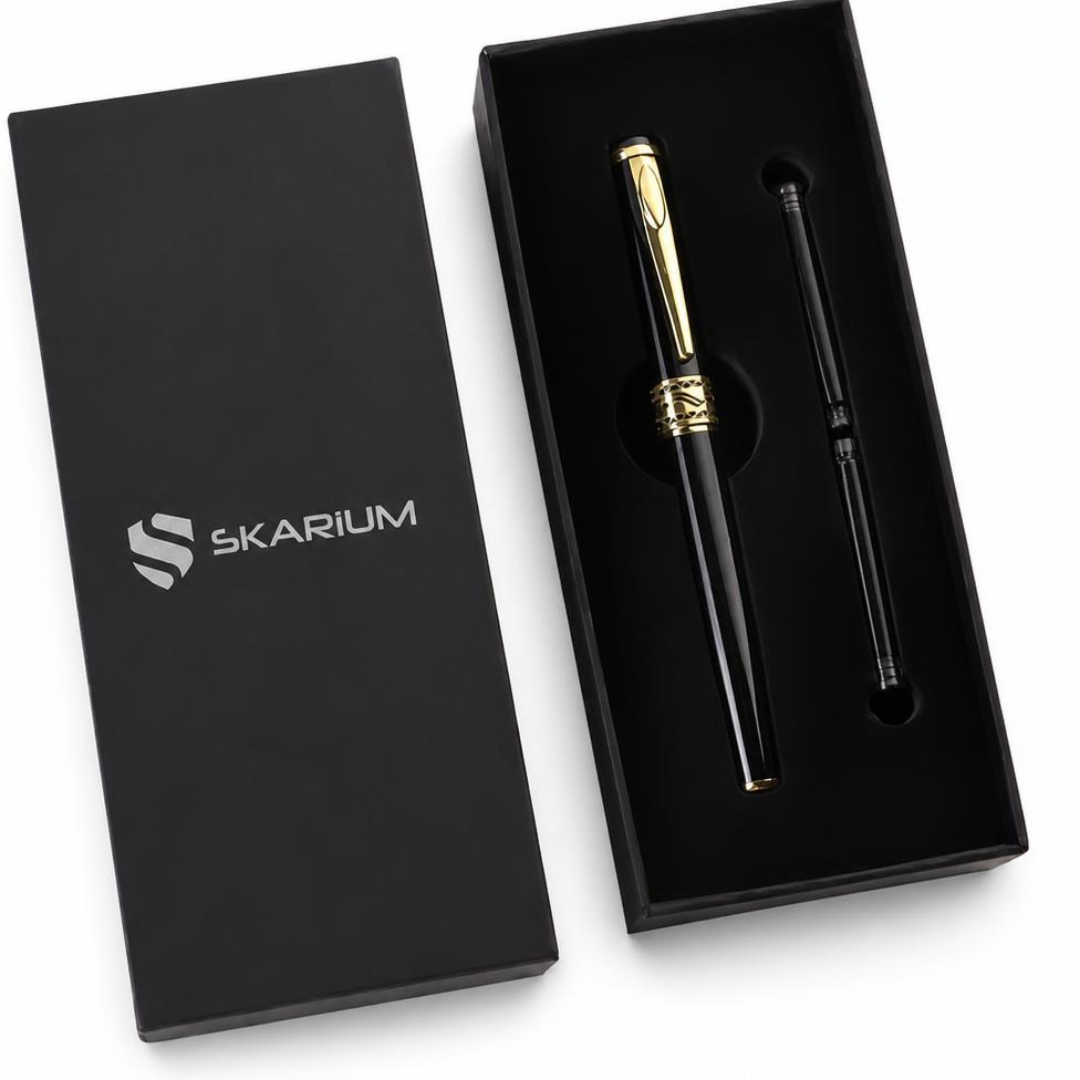 Stylo Plume Noir de Marque Skarium en Métal de Luxe avec Boîte-Cadeau,Stylo d'Affaires