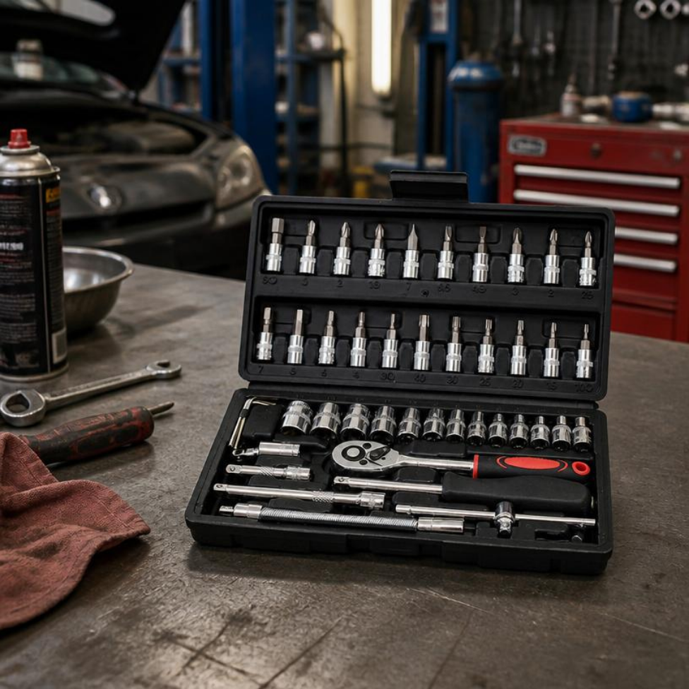 Boîtes à Outils Jeu de Clés à Douille, 46 Pièces, Ensembles d'Outils Réparation Automobile, Clé Dynamométrique à Cliquet,Embouts Tournevis – image 3