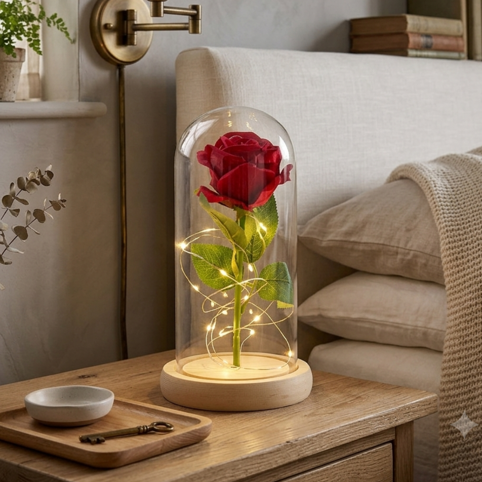 Lampe en Forme de Rose, Fleur Stabilisée Sous Verre, Idéal pour Cadeau, Décoration Maison