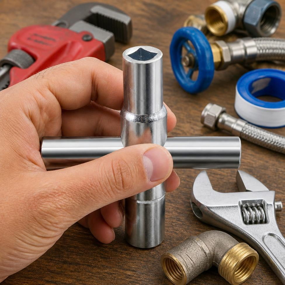 Mini Clé Universelle 4-en-1 en Argent pour Robinet, Clé Carrée, Outil de Plomberie,Salle de Bain, Bouteuille de Gaz