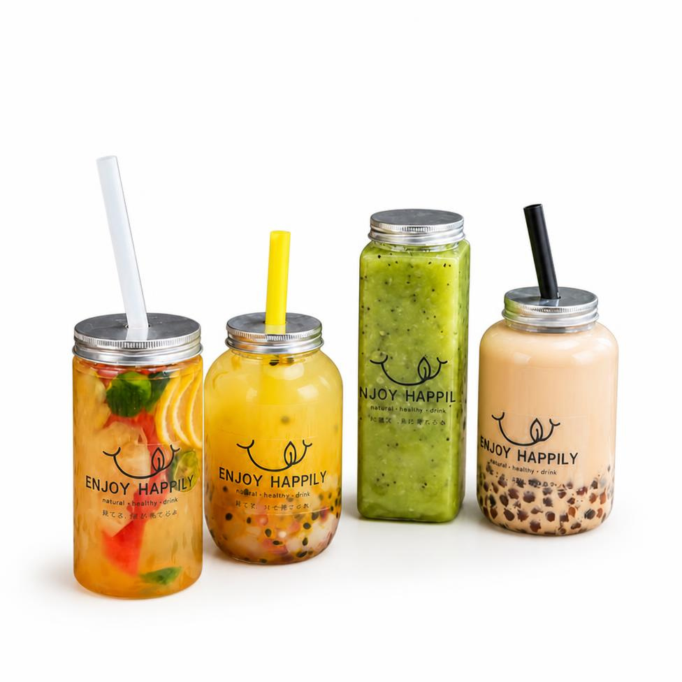 Lot de 4 Gobelets Transparents en PET de Haute Qualité, Bouteilles en Plastique Carrées pour Thé,Boisson et Jus à Emporter