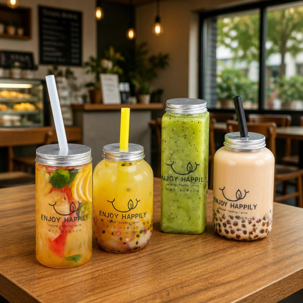 Lot de 4 Gobelets Transparents en PET de Haute Qualité, Bouteilles en Plastique Carrées pour Thé,Boisson et Jus à Emporter – image 2