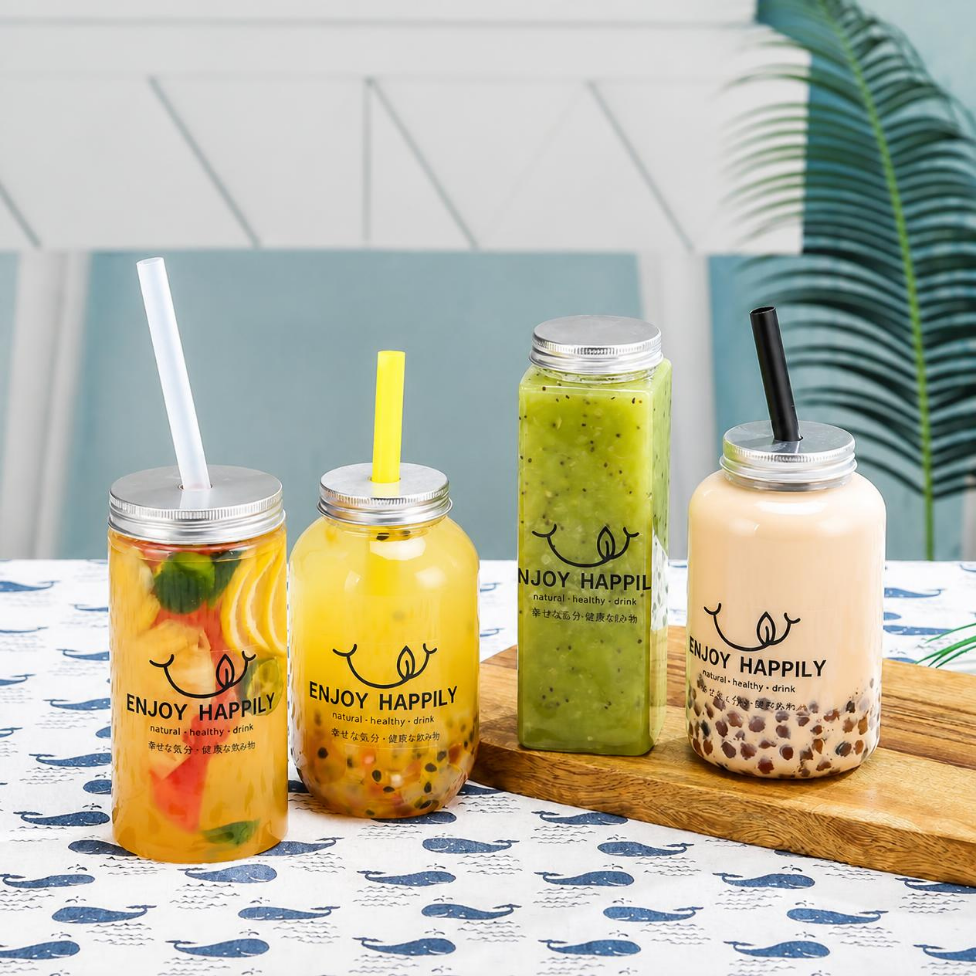 Lot de 4 Gobelets Transparents en PET de Haute Qualité, Bouteilles en Plastique Carrées pour Thé,Boisson et Jus à Emporter – image 3